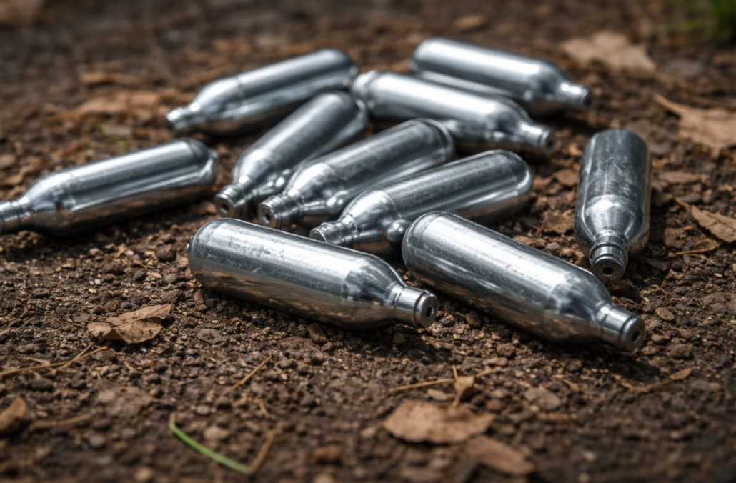 Lattergas patroner på jord En bunke sølvfarvede lattergas patroner liggende på jorden