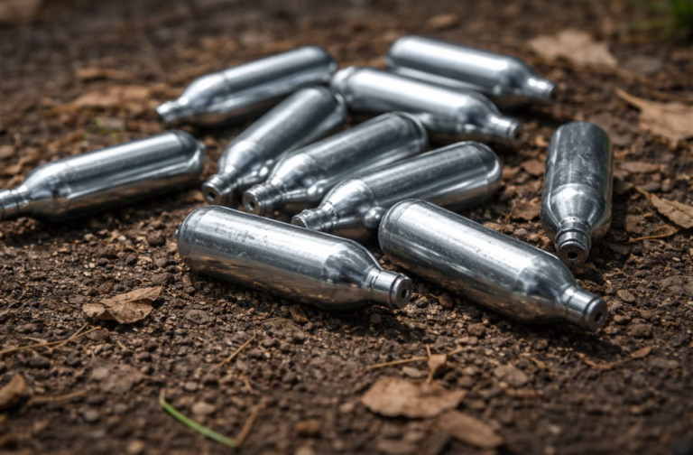 En bunke sølvfarvede lattergas patroner liggende på jorden