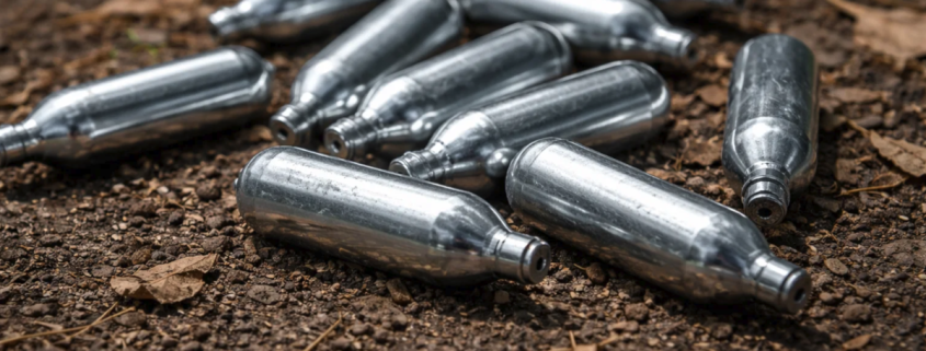 En bunke sølvfarvede lattergas patroner liggende på jorden